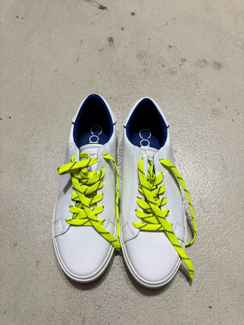 Calvin Klein Mens White Sneakers with Blue Insole and Neon Yellow Tongue